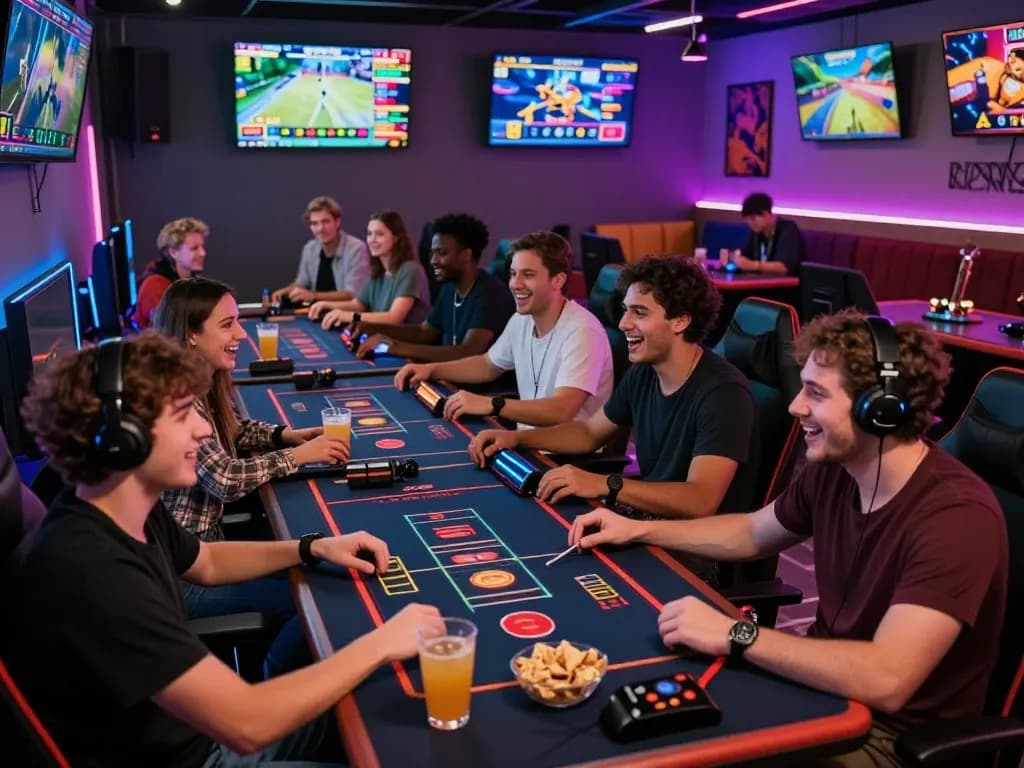 Engaged friends enjoying gaming at a vibrant lounge with ythtoto elements.