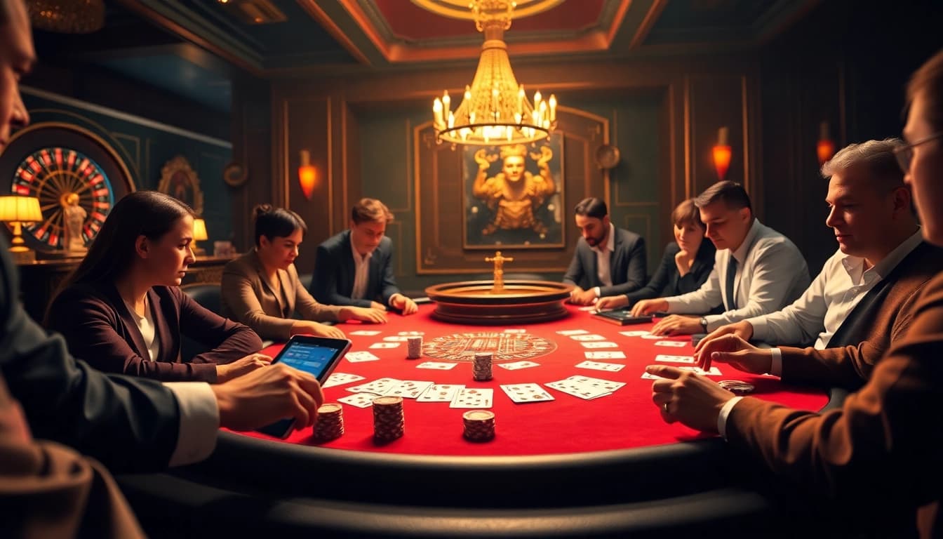 Engaging poker table scene showcasing excitement at https://bem88i.com/ with players and chips.