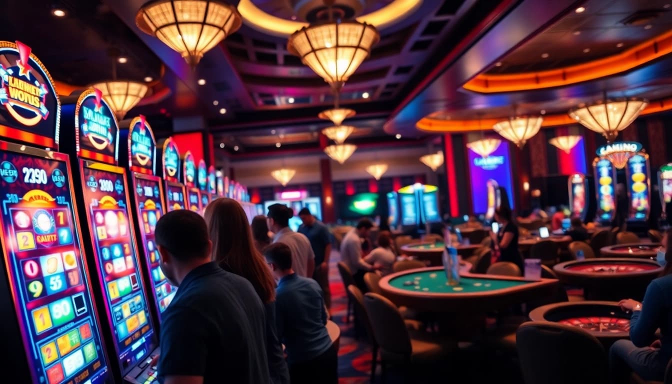 Erleben Sie faszinierende casino spiele.de in einem lebhaften Casino mit Spielern und bunten Spielautomaten.