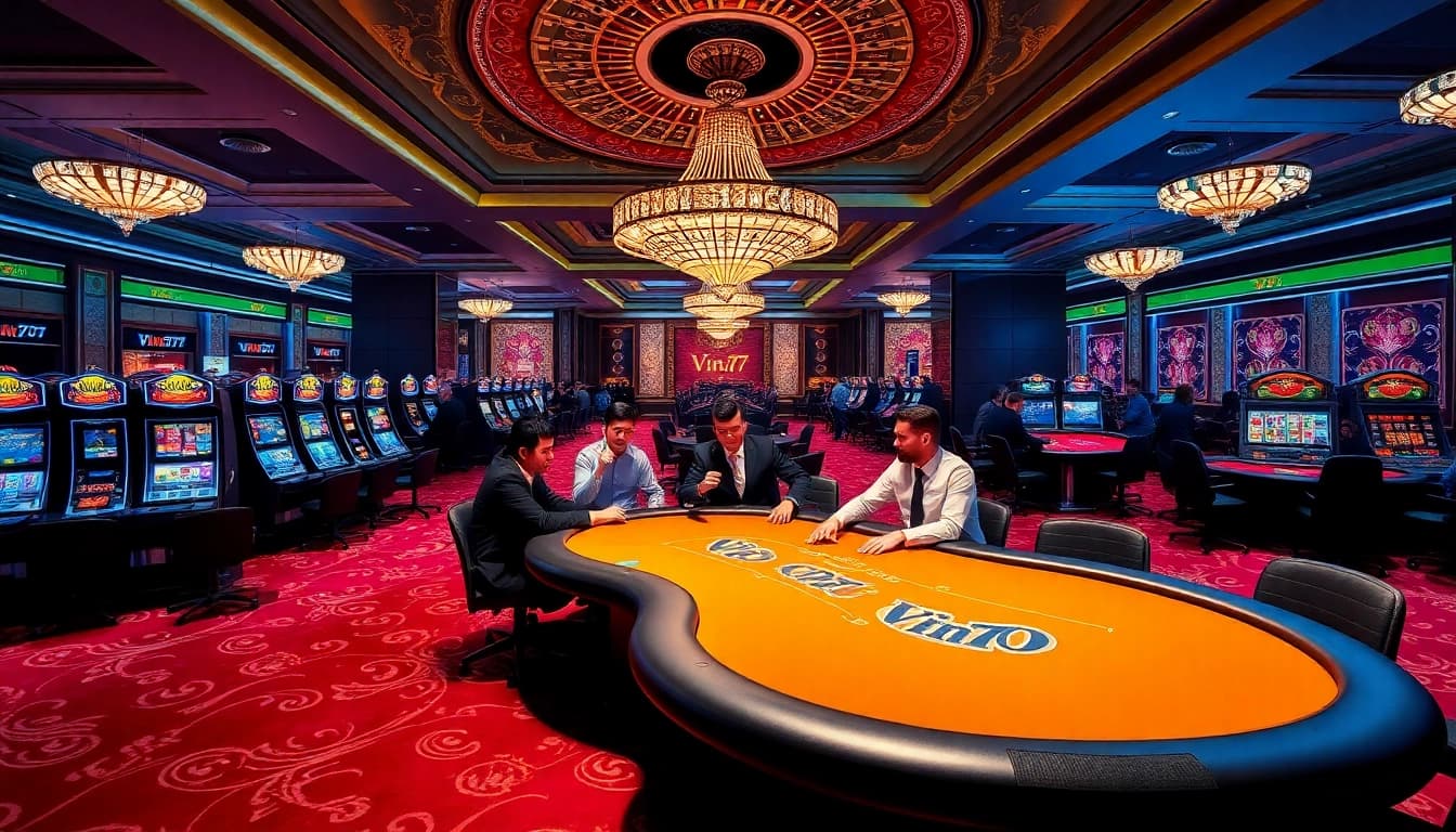 Exciting poker game at Vin777 casino, showcasing lively players and luxurious ambiance.