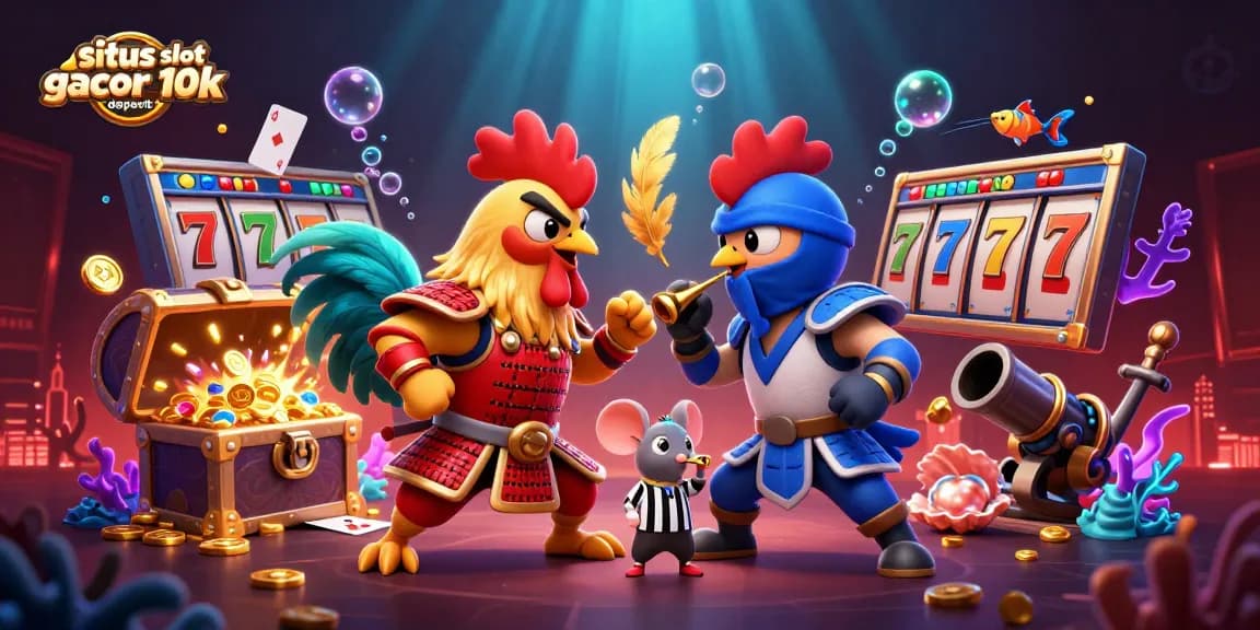 Engage in thrilling action with situs slot gacor deposit 10k, as fighting roosters clash amidst vibrant slot game elements.