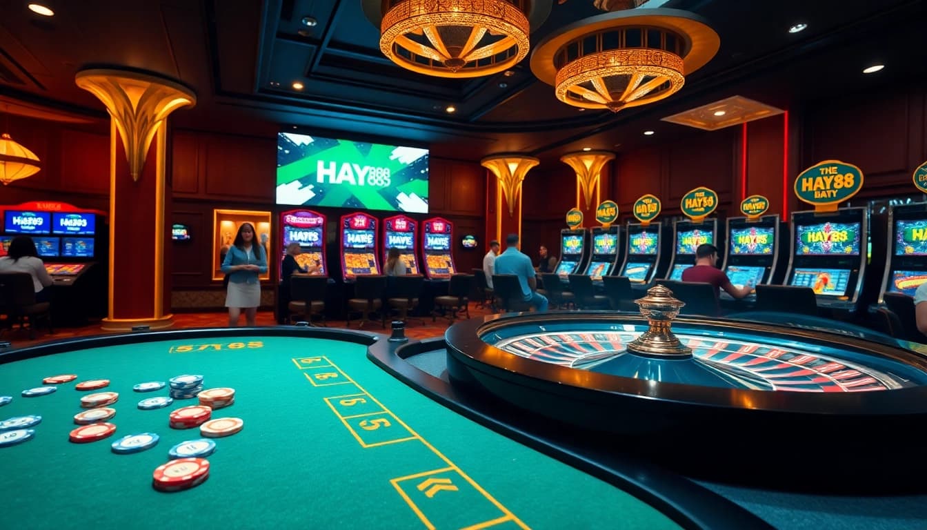 Experience exhilarating gameplay at HAY88's luxurious online casino, showcasing vibrant slots and poker tables.