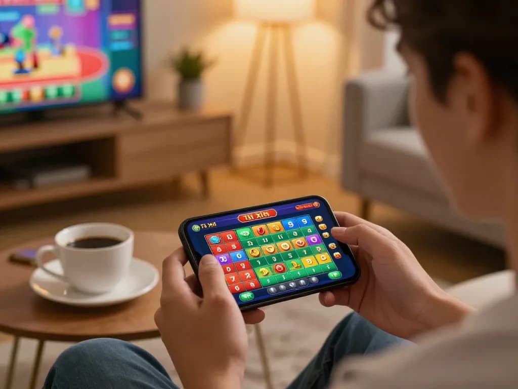 Tài xỉu online gameplay on a smartphone showcasing strategic betting in a cozy home setting