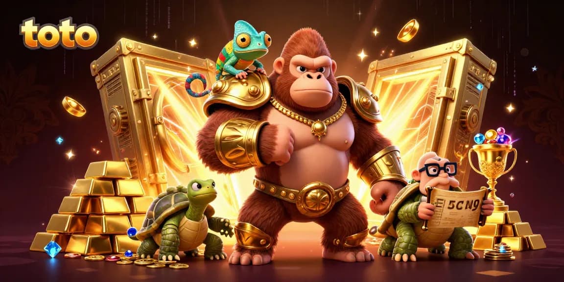 Win big at toto with a vibrant 3D gorilla king surrounded by treasures and a gambling elder.