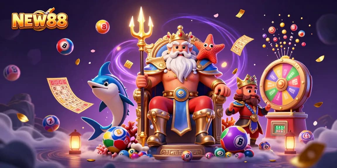 Experience the excitement of NEW88 with vibrant lottery balls and animated game elements.