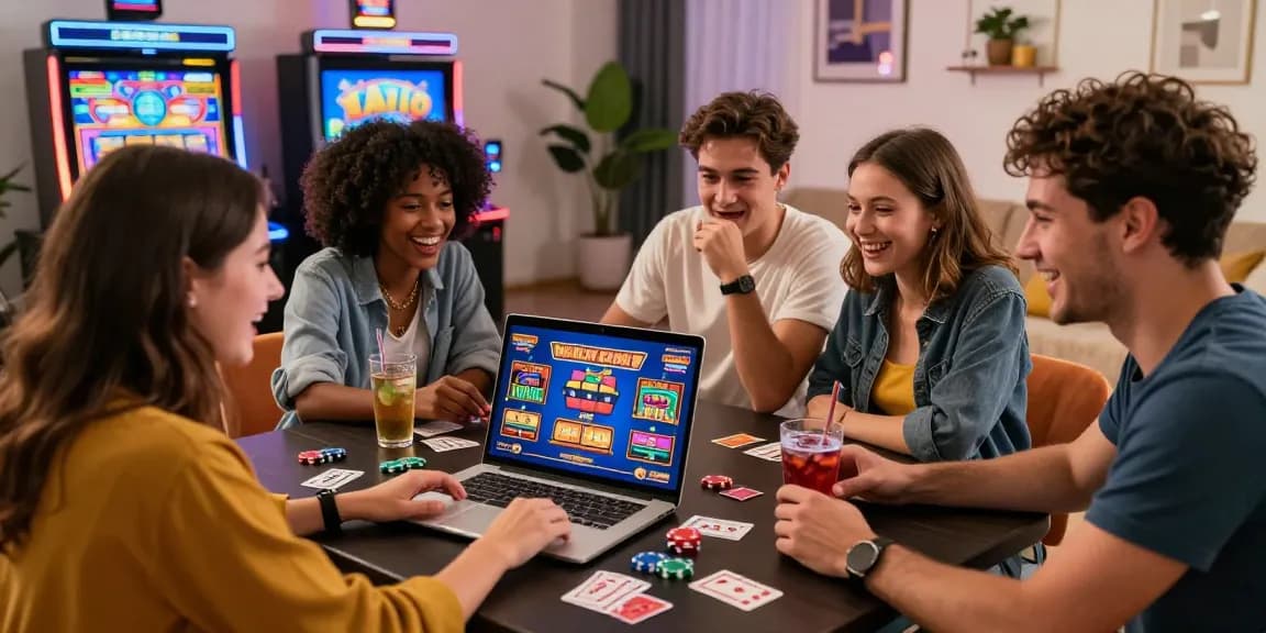 Friends enjoying games at new credit card casinos in a stylish apartment.