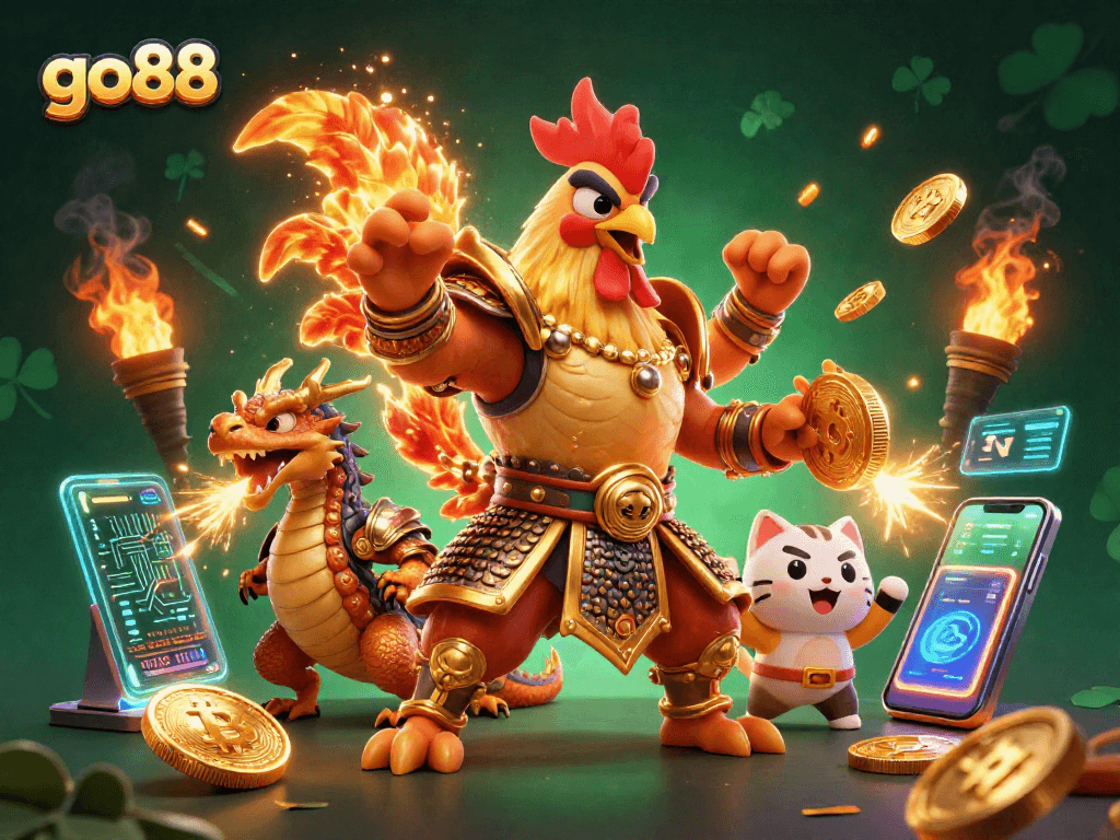 Experience excitement with go88 in a vibrant 3D casino scene featuring powerful characters and crypto elements.