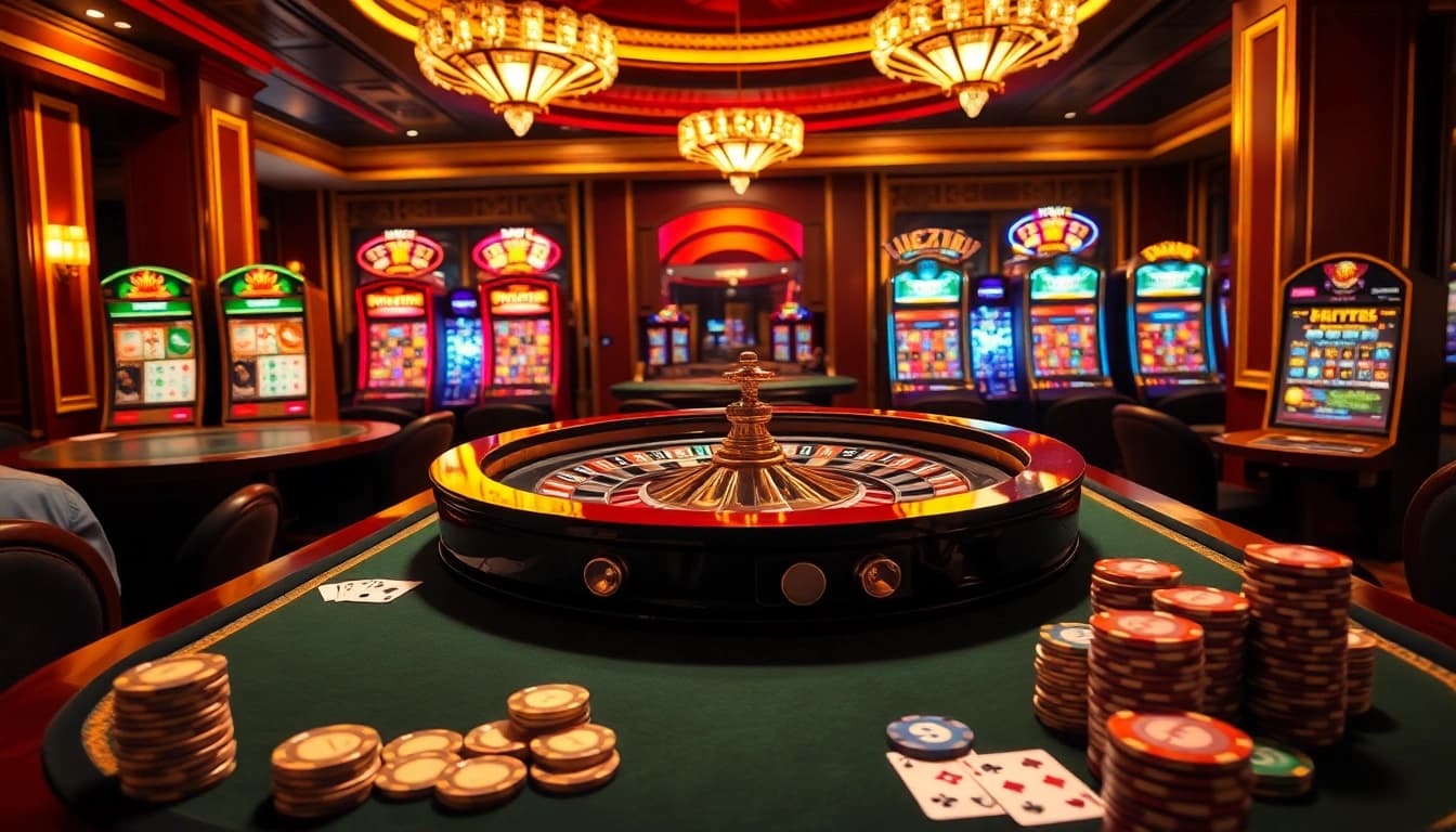 Engage with Bro138 by placing bets at a luxurious roulette table, surrounded by vibrant slot machines and elegant décor.