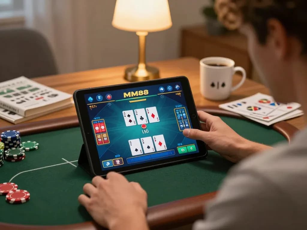 Players strategizing their online poker game with MM88 on a tablet, showcasing an engaging home gaming atmosphere.