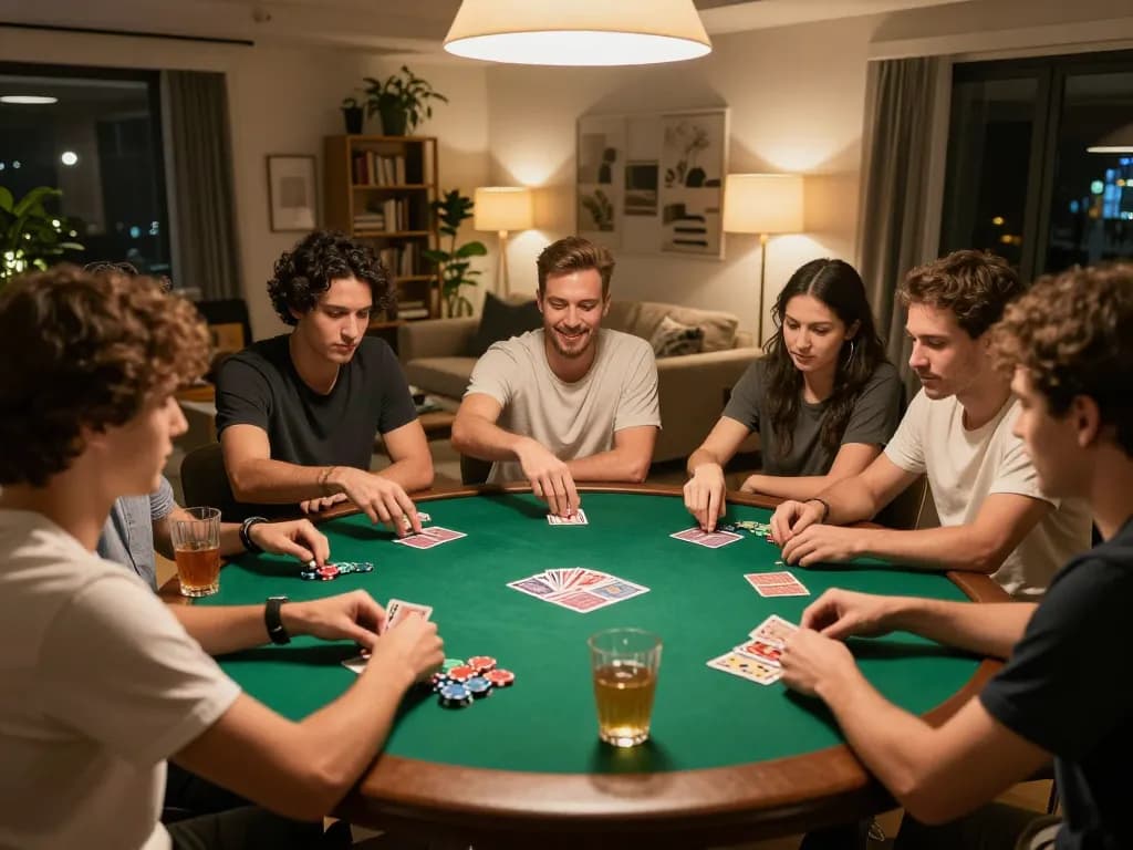 Malam poker Kenzototo dengan teman-teman merencanakan strategi di sekitar meja felt hijau, suasana hidup yang meningkatkan permainan sosial