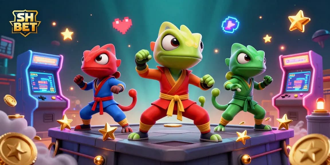 Experience thrilling action with SH BET as ninja chameleons perform martial arts in a vibrant casino setting.