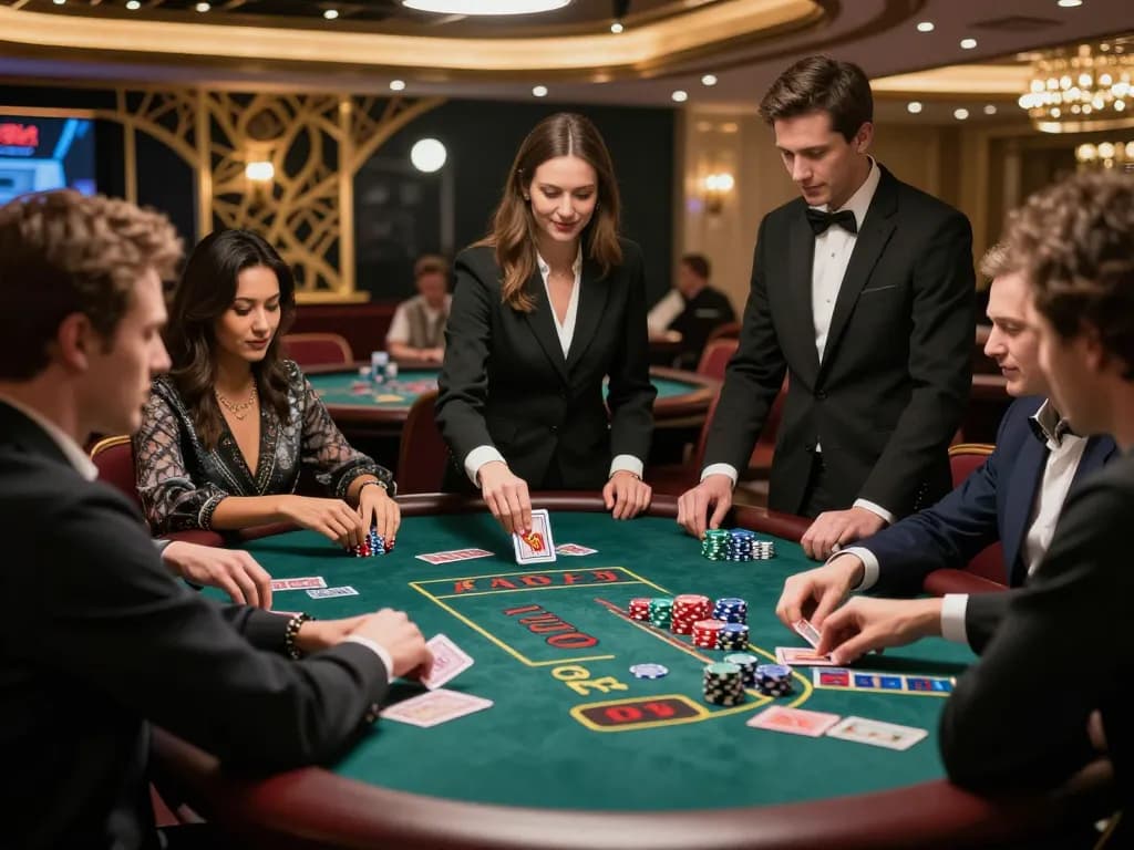 Players enjoying free credit baccarat at a lively casino table with professional dealers.