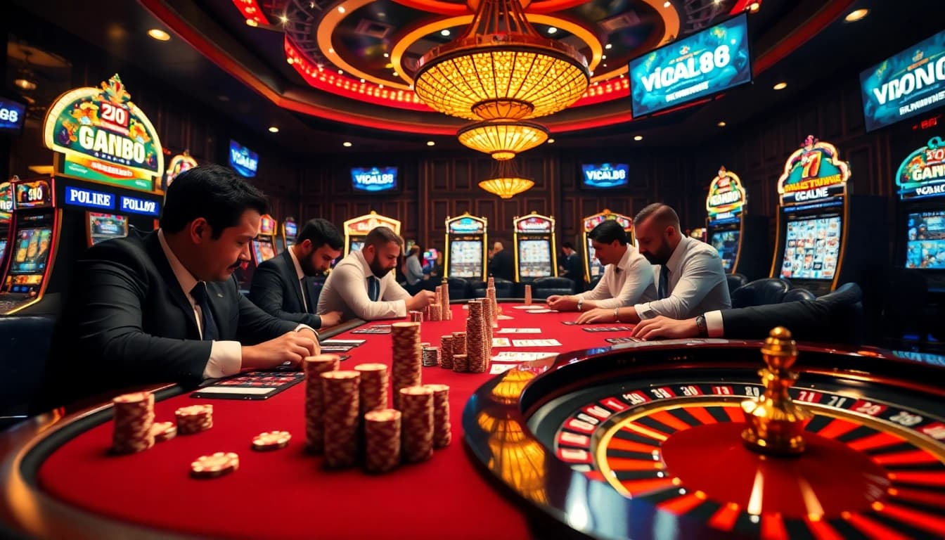 Experiencing high-stakes poker at viral88 casino with vibrant slot machines and professional ambiance.