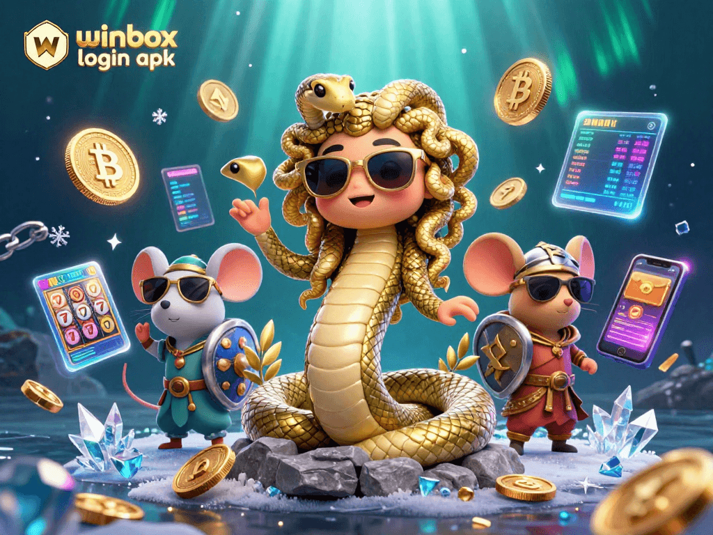 Engage in thrilling adventures with winbox login apk, featuring vibrant 3D casino characters and cryptocurrency elements.