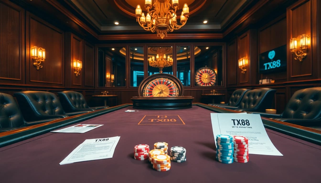 Experience gaming excitement at TX88 with vibrant poker chips and a spinning roulette wheel.