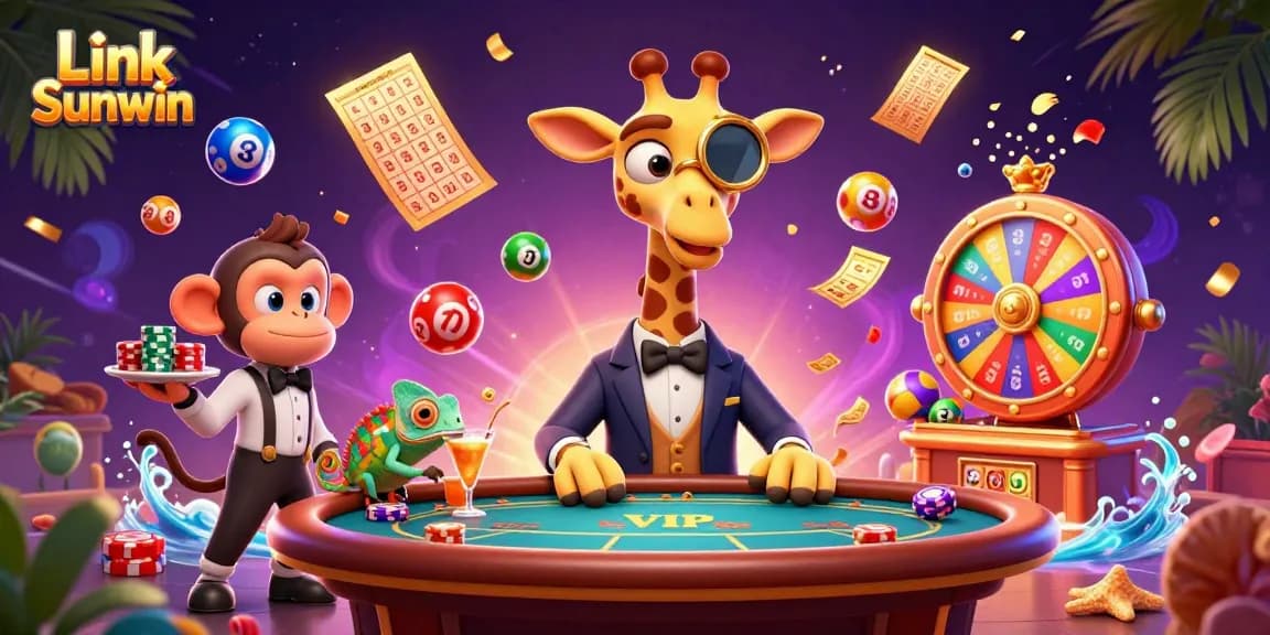 Experience excitement at Link Sunwin with vibrant lottery balls, a poker table, and energetic casino characters.