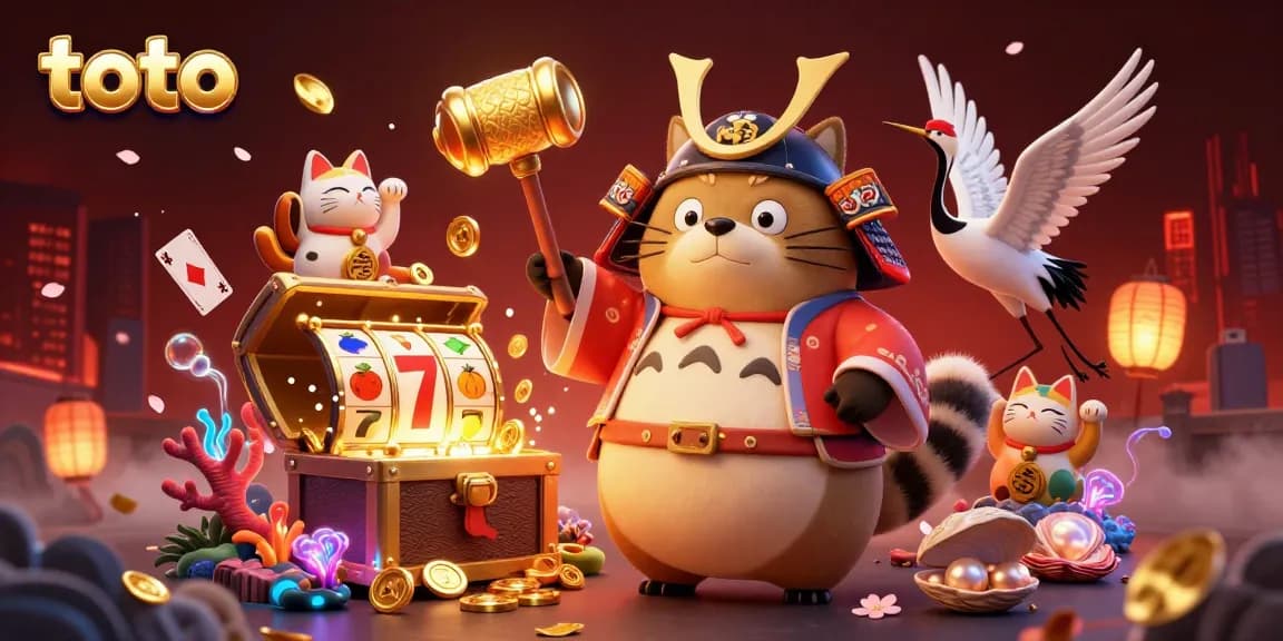 Toto-themed slots game illustration featuring a tanuki and friends amidst gold and slot reels.