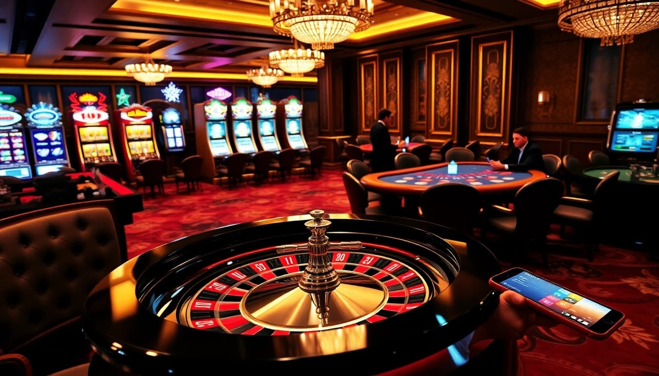 Experience thrilling gaming excitement at https://xx88.nl/ with a luxurious casino scene, showcasing roulette and blackjack tables.