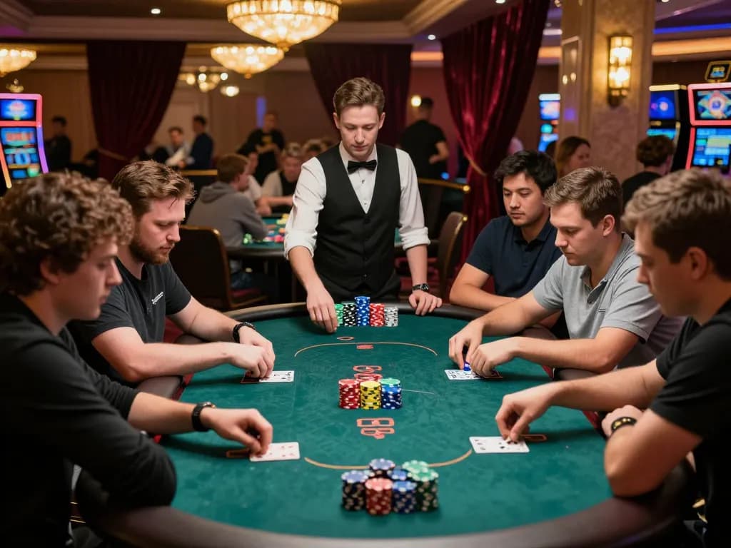 Players engaged in a strategic game at the hitclub poker table, surrounded by vibrant casino atmosphere.