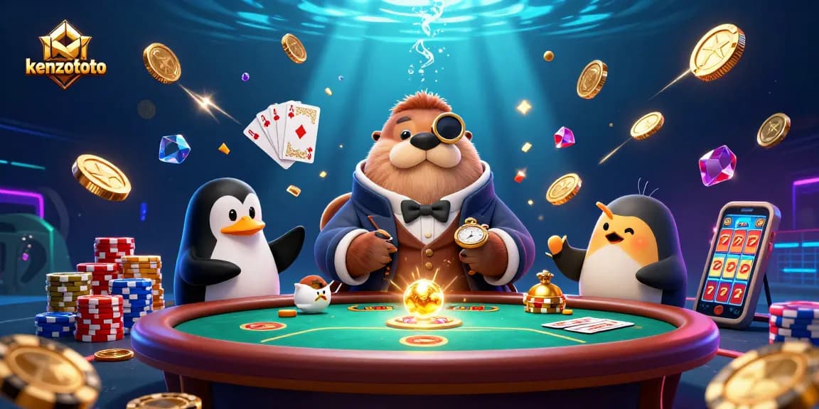 Win big with kenzototo at this lively underwater poker scene featuring colorful characters and casino elements.