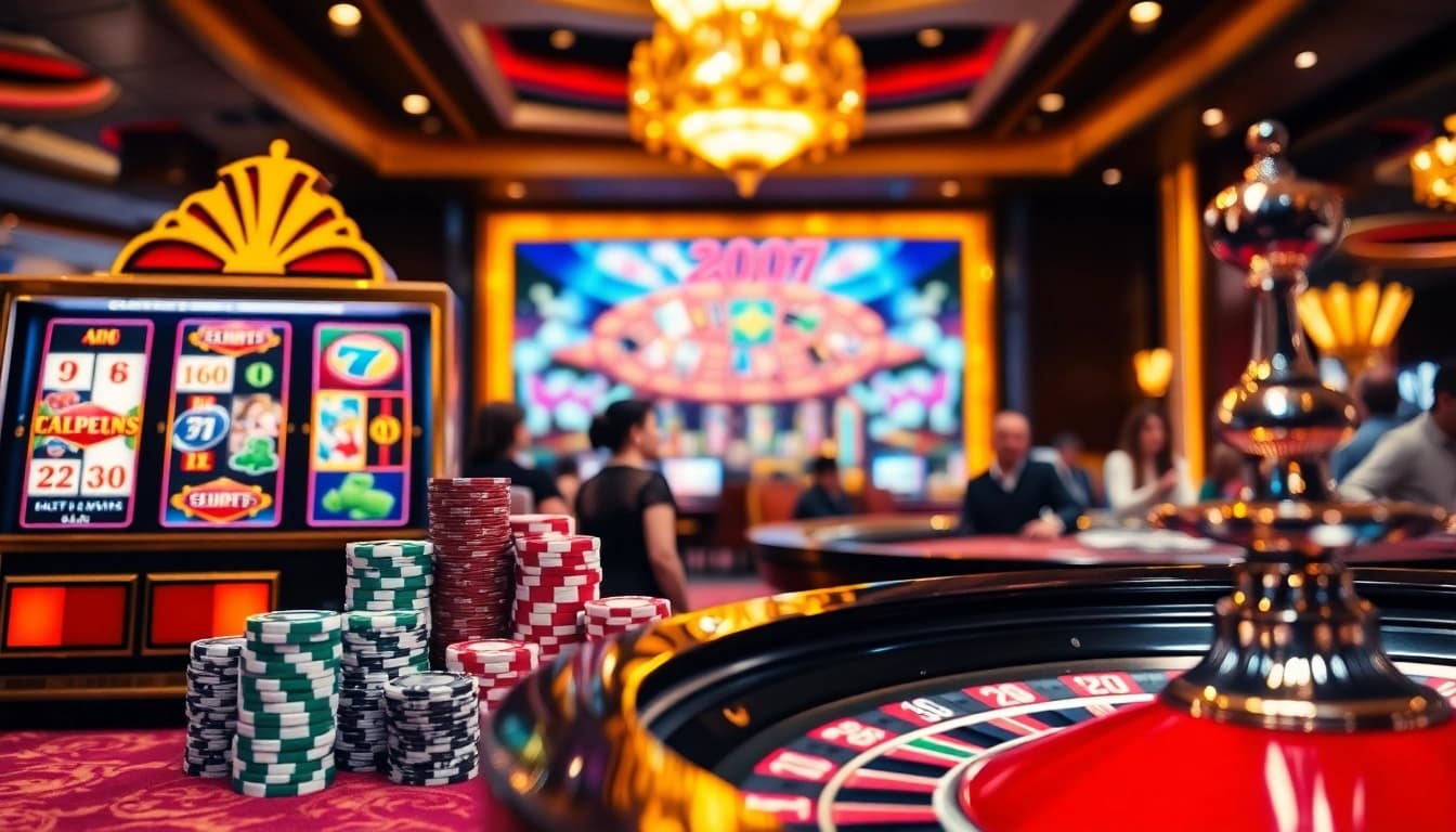 Experience the thrill of luxury12 with vibrant slot machines and poker chips stacked high.