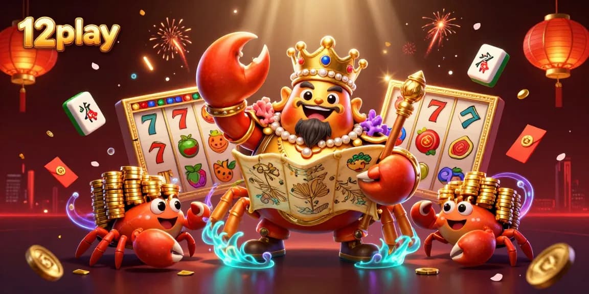 Engage with 12play casino's golden crab emperor in a vibrant 3D illustration of dynamic online gaming.
