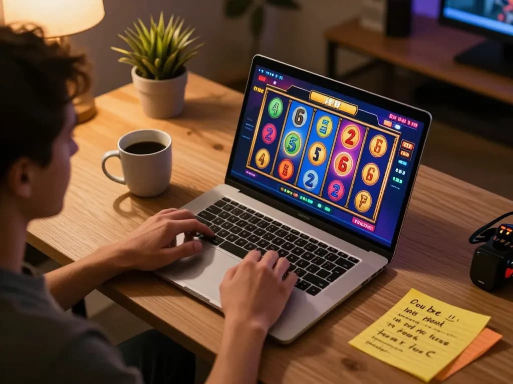 Engaging with nk88 online slot game in a cozy home office setup