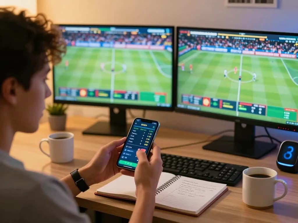 Engaging AF88 user placing live sports bets on smartphone, showcasing modern home betting setup.
