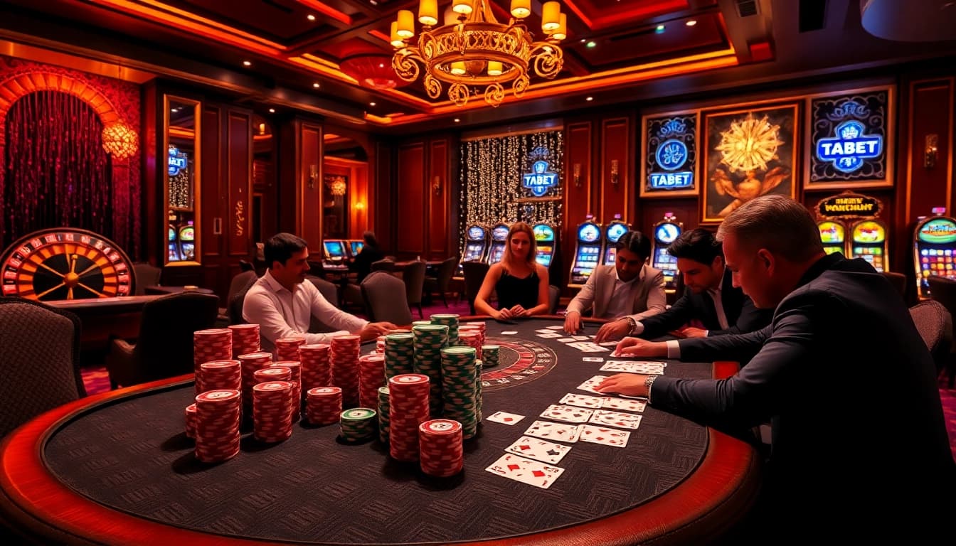 Experience the thrill of high-stakes gambling at a casino table, showcasing tabet's vibrant poker atmosphere.