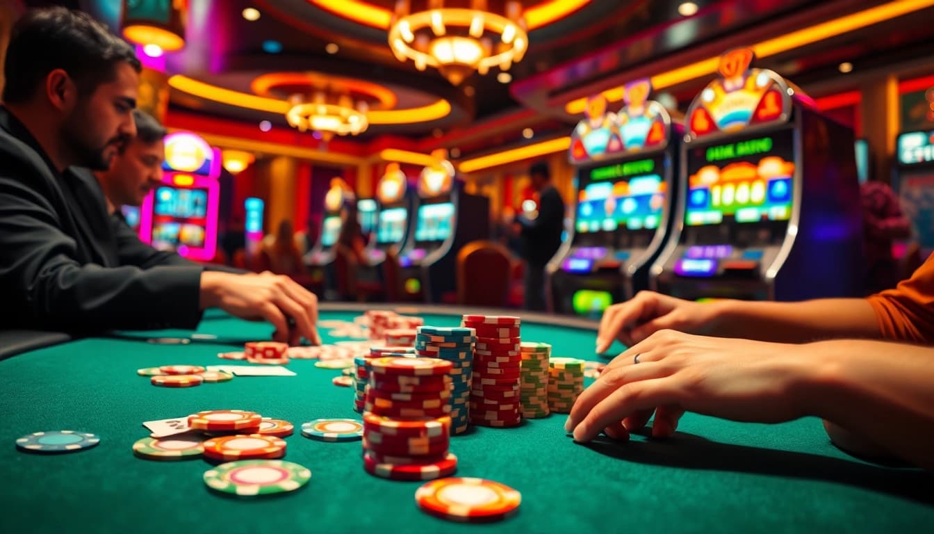 Intense poker action with 7xl סוכן, colorful chips, and vibrant casino atmosphere.