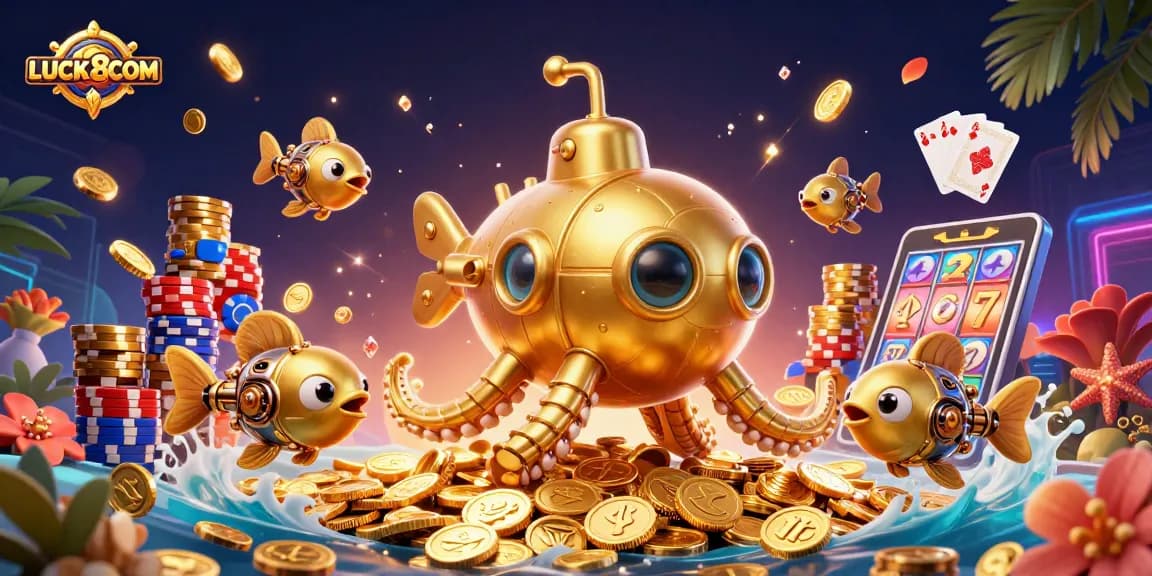Experience thrilling moments with LUCK8COM as a golden kraken submarine navigates a sea of winnings.