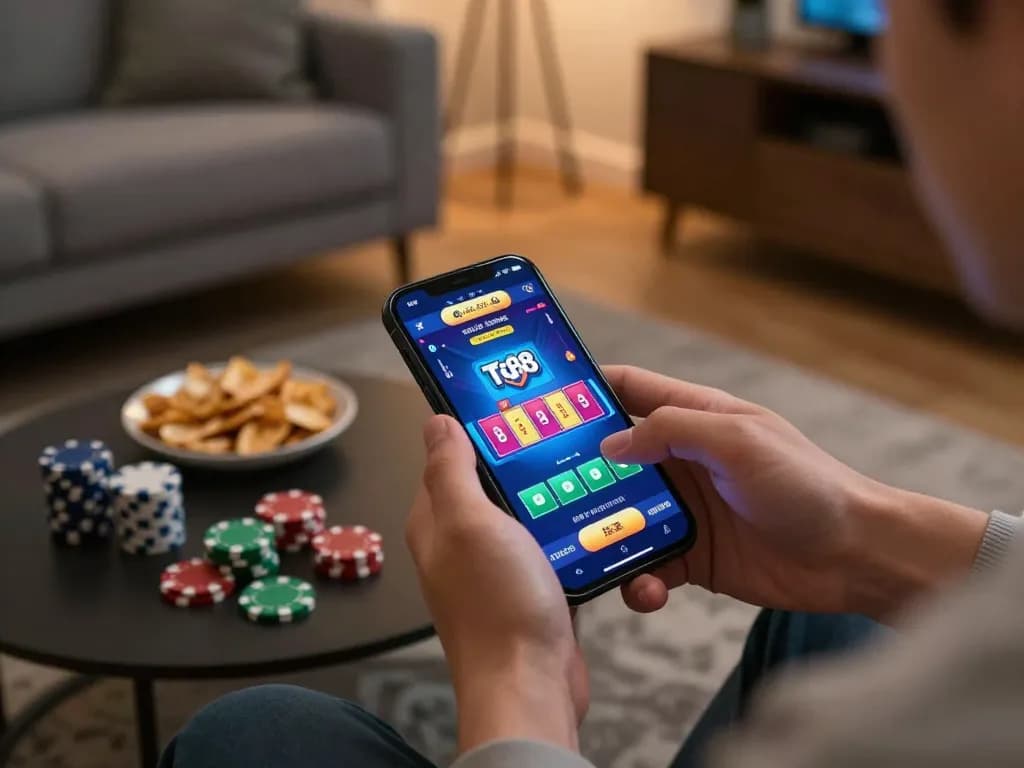 Player enjoying tg88 mobile gaming experience at home with cozy atmosphere