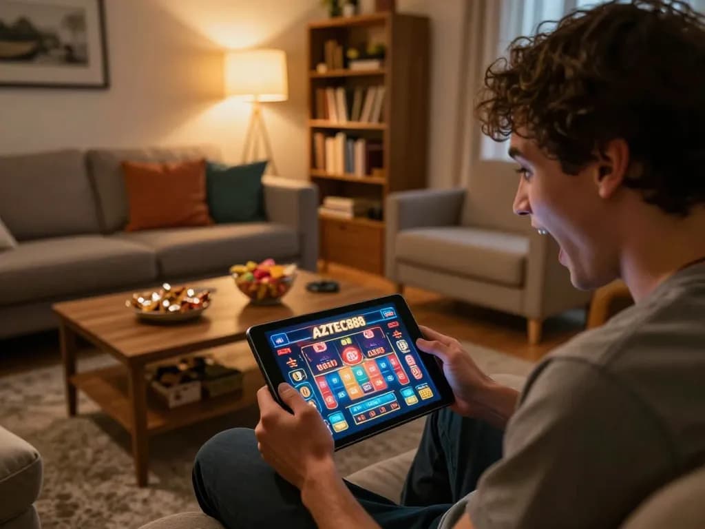 Engaging in exciting online gaming at AZTEC888 on tablet in a cozy living room