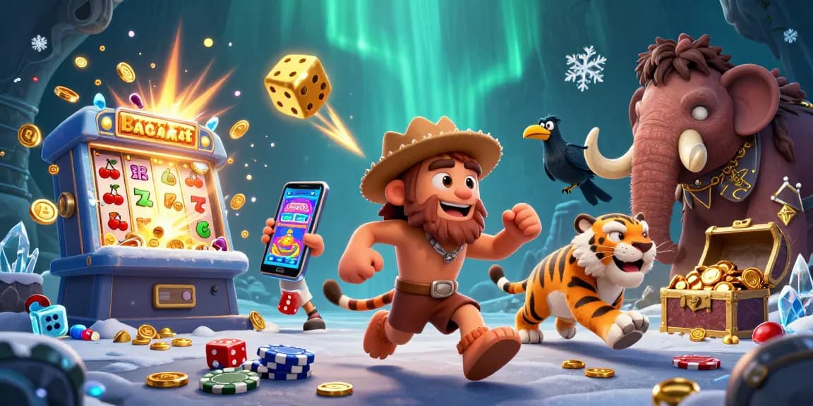 Experience Baccarat action with a cartoon caveman, sabertooth tiger, and crow at a lively prehistoric casino.