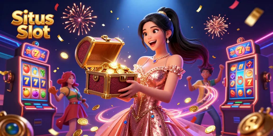 Situs Slot showcases a vibrant scene with a joyful Asian woman revealing treasure, vibrant slot reels, and confetti celebrating wins.
