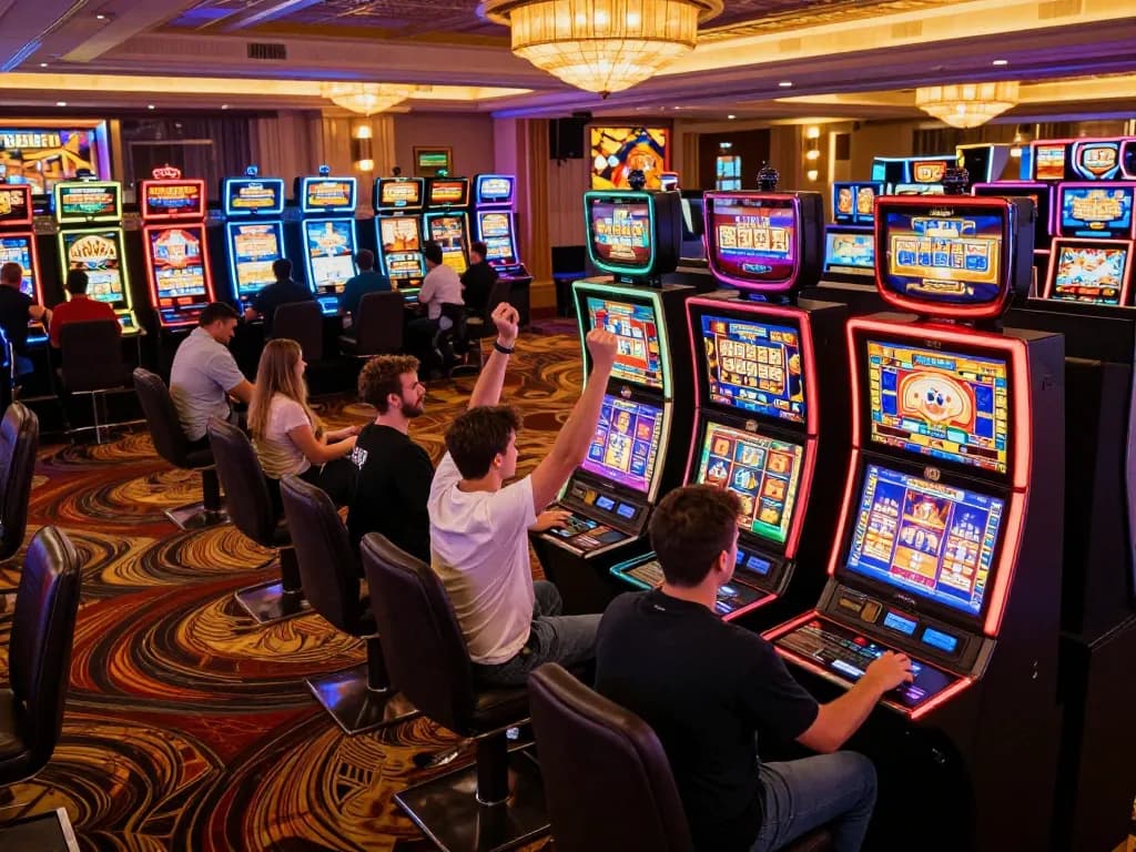 Pemain Akun Demo PG Soft menikmati mesin slot yang mengasyikkan di atmosfer kasino yang meriah