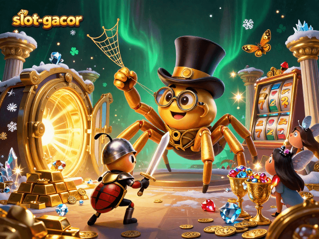 Win big with slot-gacor gaming scenes featuring treasure and heroic characters.