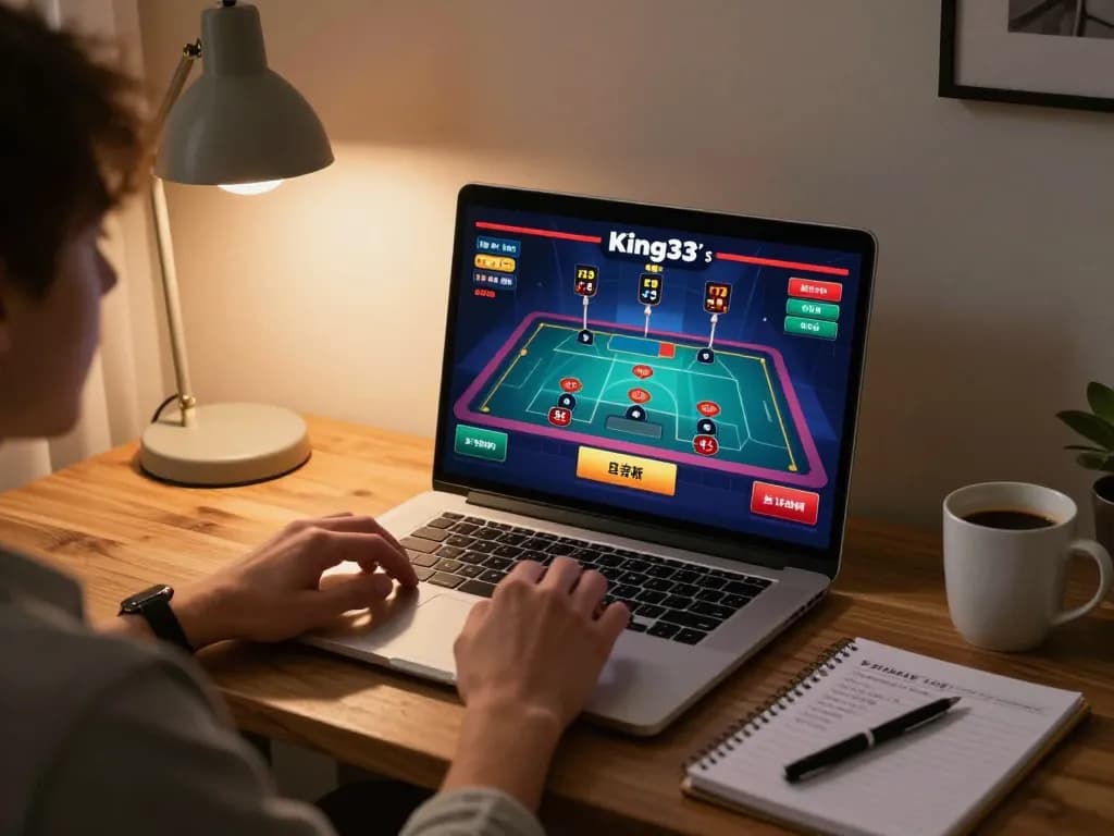 Engaging in live dealer gameplay at King33 with interactive table on laptop, promoting responsible gaming.