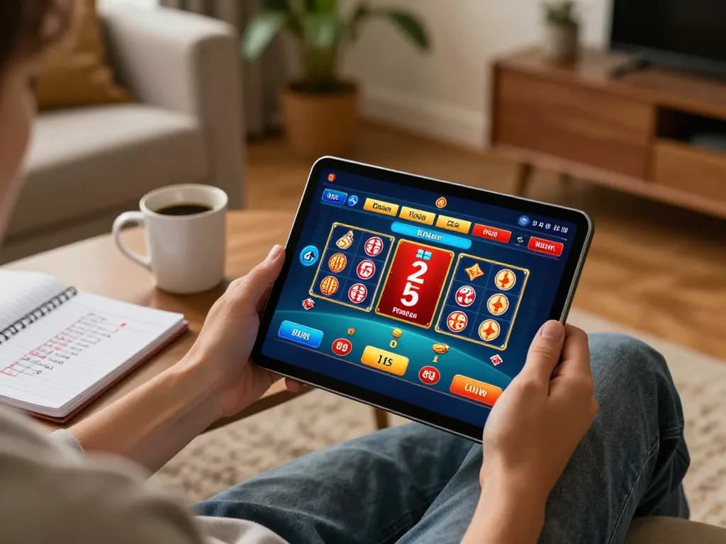 Player enjoying king33 online casino games on a tablet in cozy home setting.
