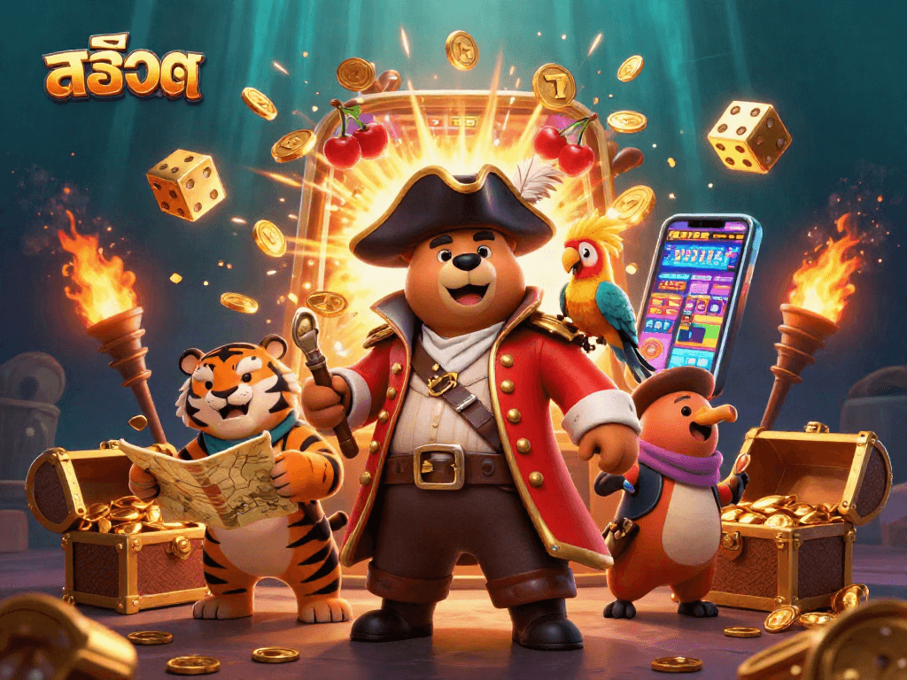 Win big with สล็อต at a lively pirate-themed casino scene filled with action and vibrant visuals.