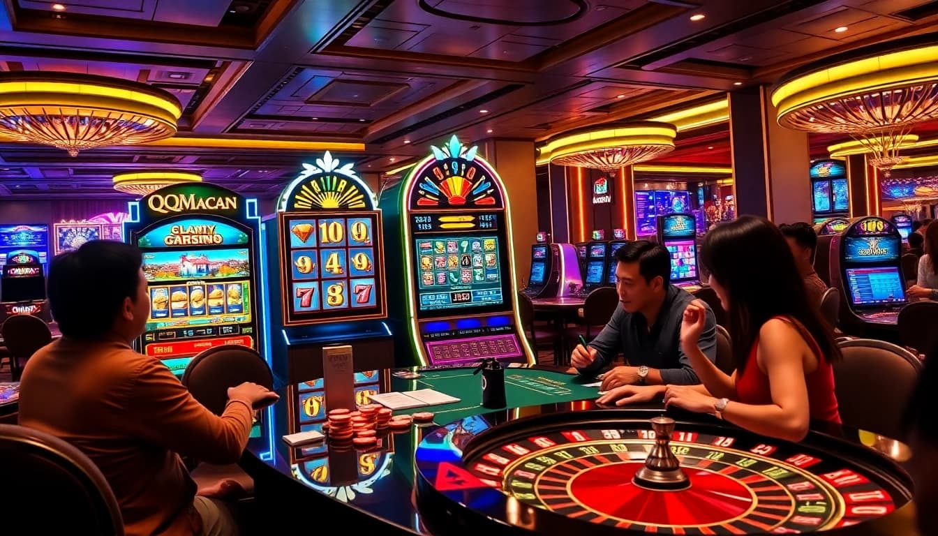 Excited players enjoying the QQMacan slot machine at an upscale casino.