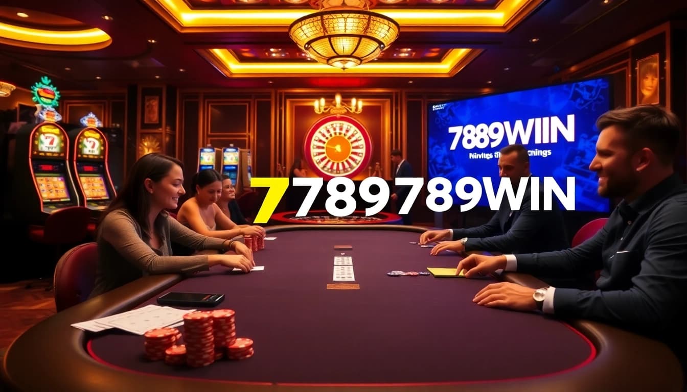 Experience the excitement of 789WIN with a vibrant casino scene featuring poker and slot machines.