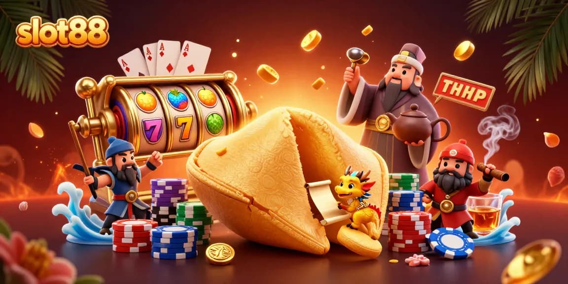Menang di slot88 dengan ilustrasi kasino yang penuh warna dan simbol keberuntungan.