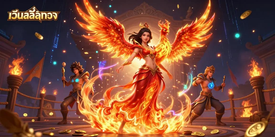 Engage with เว็บสล็อตตรง through an epic gambling-themed 3D illustration featuring a fiery hero.