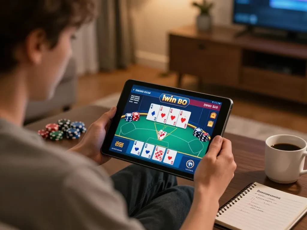 Engaging with Iwin bio poker game on tablet in cozy living room for strategic gameplay