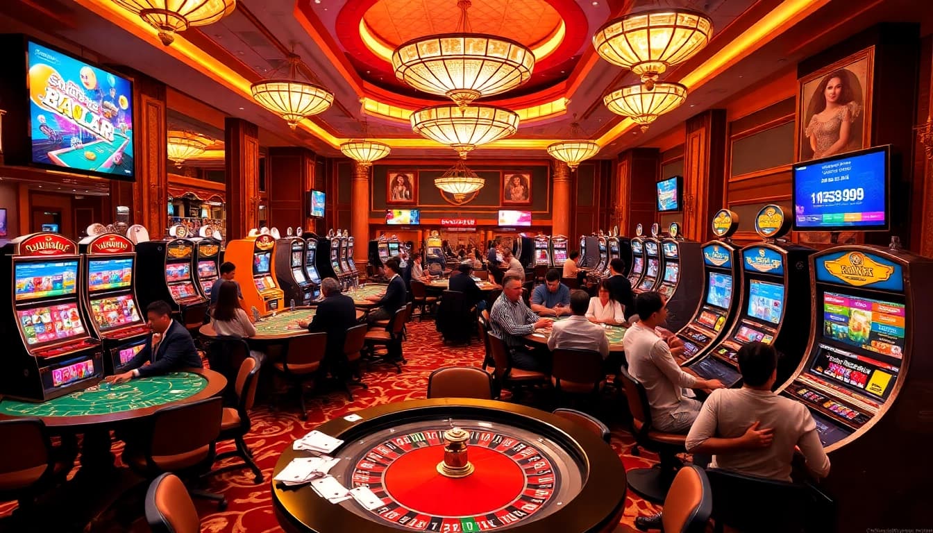 Engaged players enjoying lô kép 247 at a luxurious casino with vibrant gaming tables and jackpot slot machines.
