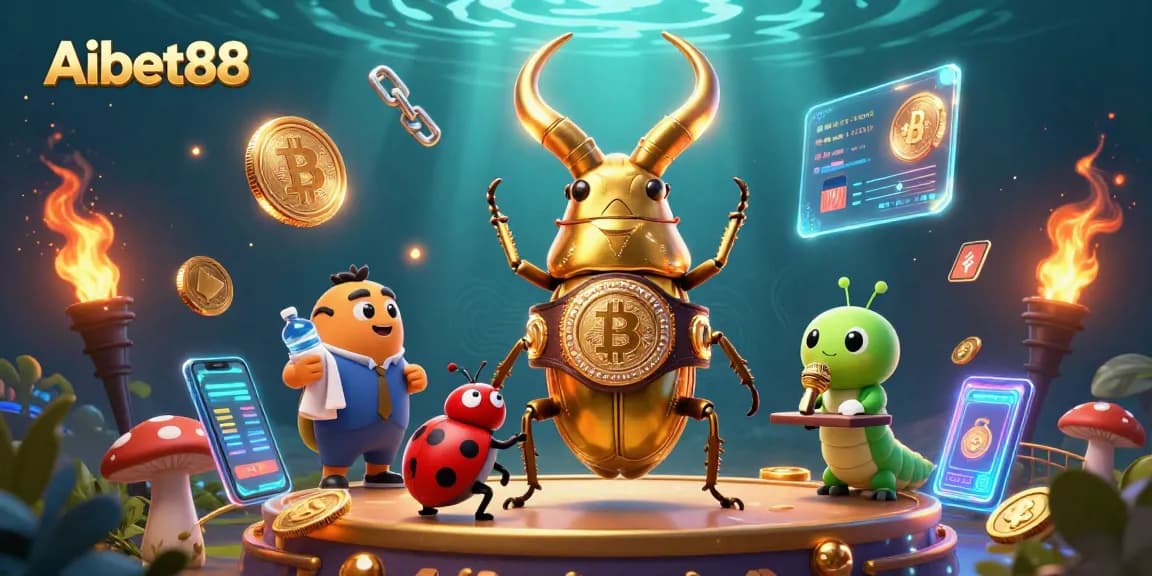 Aibet88 showcases a cartoon boxing beetle in a casino-themed battle surrounded by cryptocurrency elements.