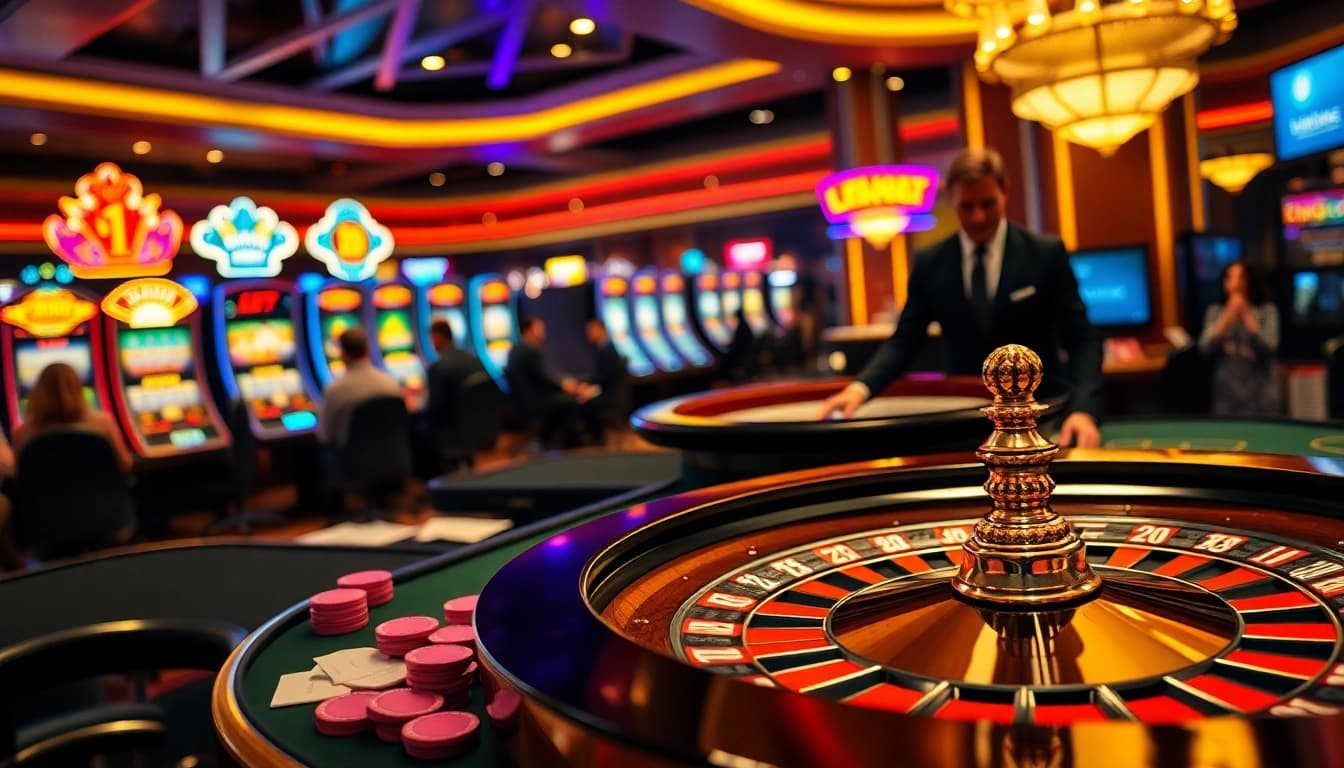 Experience the excitement of king88 đăng nhập with vibrant casino action featuring a poker table and roulette wheel.
