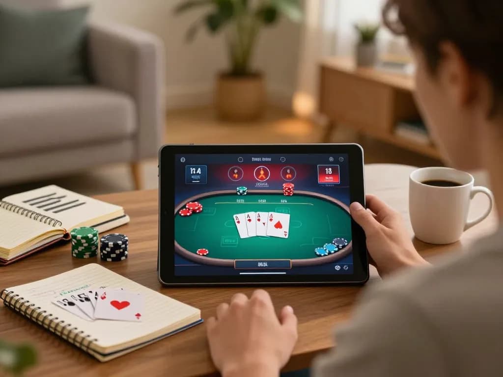 Player enjoying an engaging poker game on net88 with tablet and strategic notes in cozy home setting.