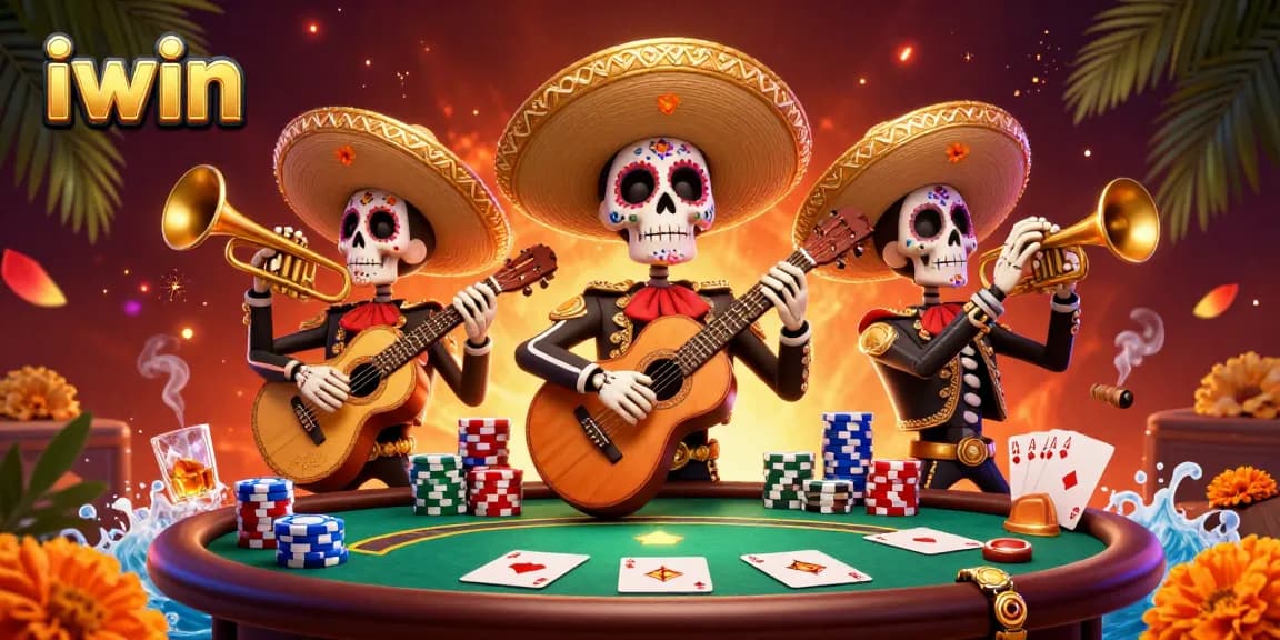 iwin showcases a colorful mariachi scene with poker elements and festive decorations.